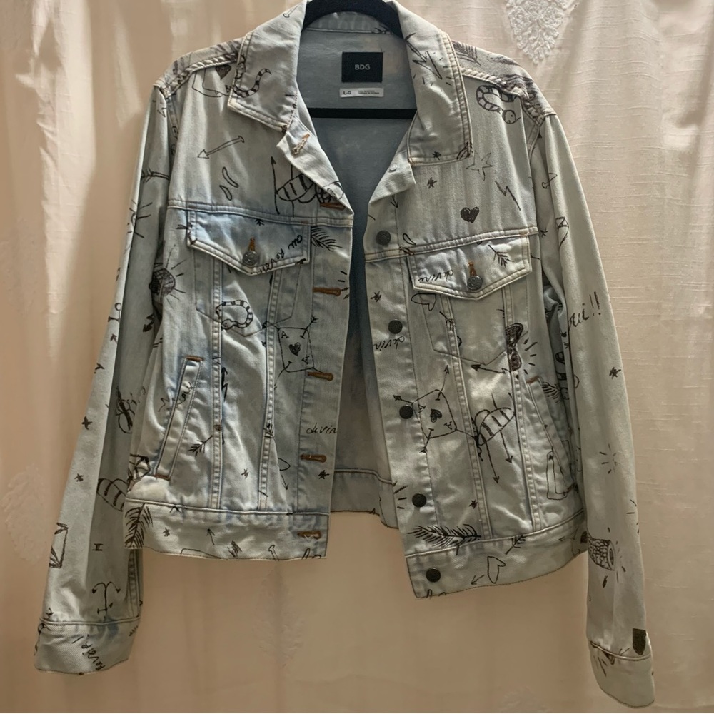 BDG Urban Outfitters Denim Jean Jacket with a Graffiti Doodle Design